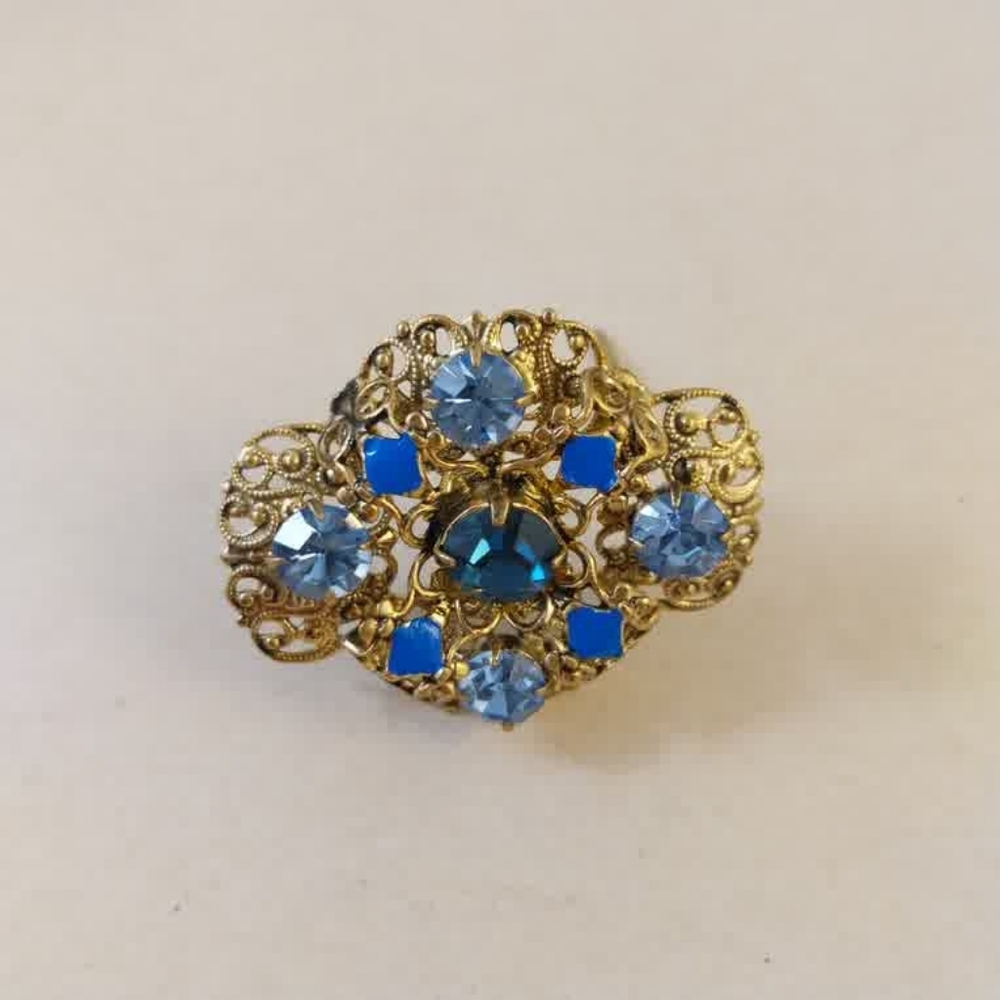Vintage Czech Gold-Tone Blue Crystal Floral Brooch - Women's Jewelry - Picture 7 of 9